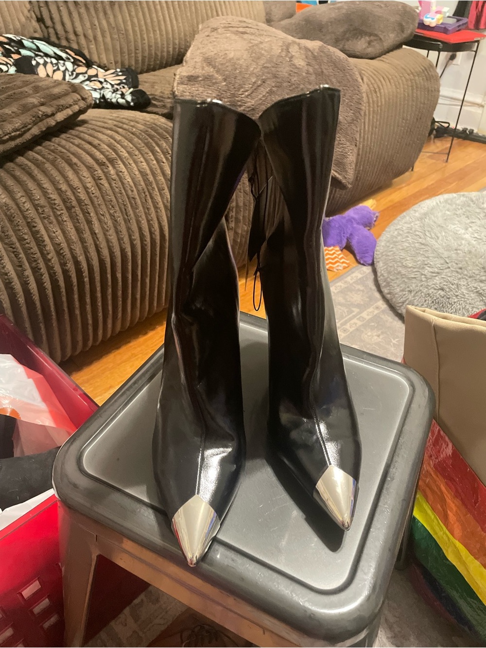 Forever 21 Black Patent Knee-High Boots with Silver Pointed Caps